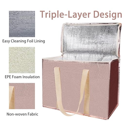 Bodaon 3-Pack Insulated Reusable Grocery Shopping Bag, X-Large Frozen Food Cold, Cooler Bags with Zippered Top, Insulated Food/Pizza Delivery Bag, Gold