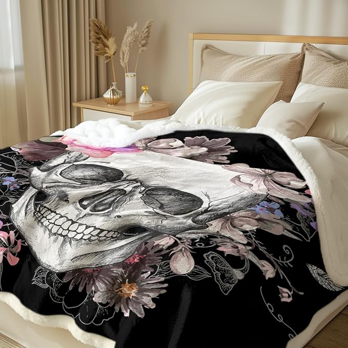 Sleepwish Fleece Throw Blanket Skull Rose Sherpa Blanket Gift for Women Girl Fuzzy Black Pink Flower Blanket for Couch Chair, Queen (90" X 90")