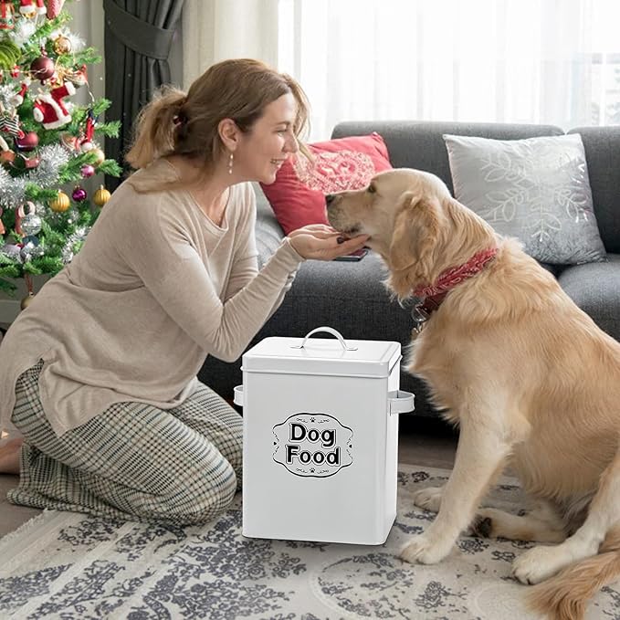 Youeon 5 Lbs- 25 Cup Metal Dog Food Storage Container with Lid and Scoop, Airtight Dog Treat Container, Farmhouse Pet Food Storage Container, Cute Dog Food Canister, Gift for Dogs and Owners, White