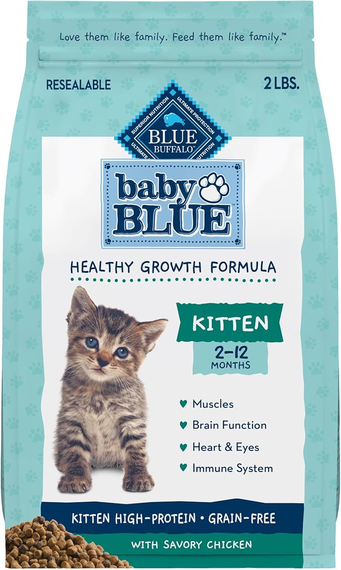 Blue Buffalo Baby BLUE Natural Kitten Grain-Free Dry Cat Food, High-Protein Healthy Growth Formula with DHA, Savory Chicken, 2-lb. Bag