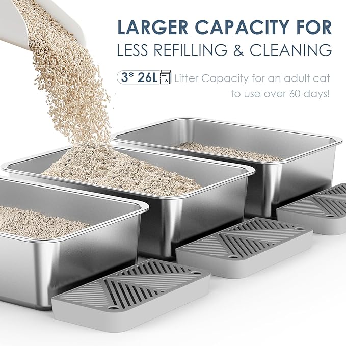 3 Pack 19.6"x13.7"x6" Stainless Steel Litter Box with 26L Litter Capacity, High Sides Large Cat Litter Box for Multi-Cats, Metal Litter Box with Footboard, Non Stick Litter Pan Litter Tray