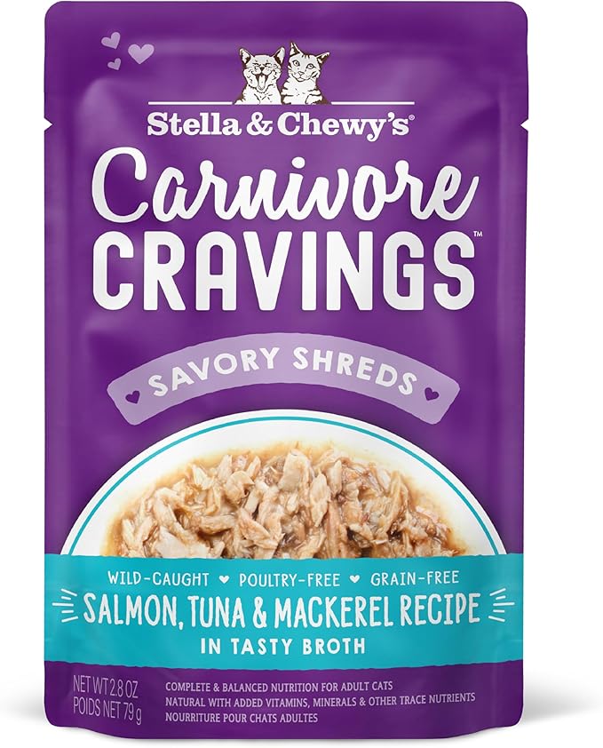Stella & Chewy’s Carnivore Cravings Savory Shreds Wet Cat Food Pouches – Grain Free, Protein Rich Meal, Topper or Treat – Salmon, Tuna & Mackerel Recipe (2.8 Ounce Pouches, Case of 12)