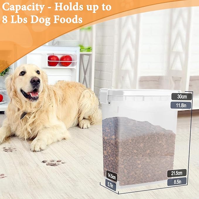 8 Lbs Dog Food Storage Container with Scoop - Airtight Cat Food Container - Buckle-Lock Pet Food Container for Dog, Cat, Bird Seed - Dog Treat Container Dry Food Storage Bin - Bright White
