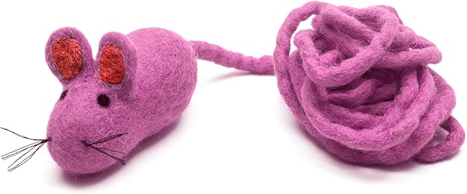 Glaciart One Felt Mouse Cat Toy – Soft Fuzzy Enrichment 100% Natural Wool Toy - Interactive Catnip Play Cat Toy Set - Safe for Pets, Non-AZO Colored Dyes - 100” Long