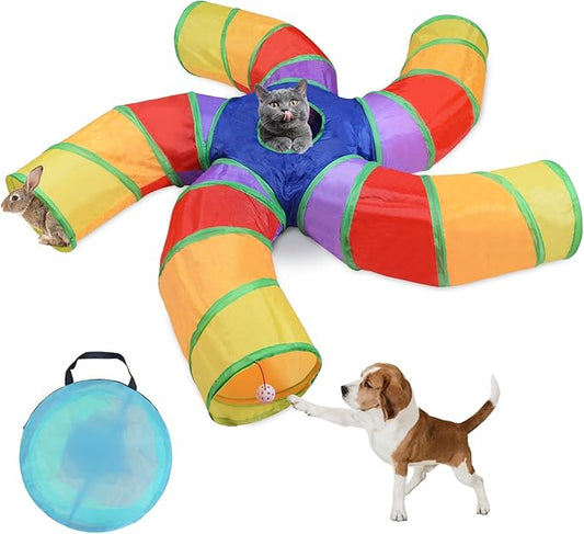 Cat Tunnels for Indoor Cats, 5 Way Cat Tubes and Tunnels Collapsible S-Shaped Cat Toys, Kitty Tunnels with Play Ball, Interactive Pet Tube Toys for Puppy, Kitty, Kitten, Rabbit, Multicolor