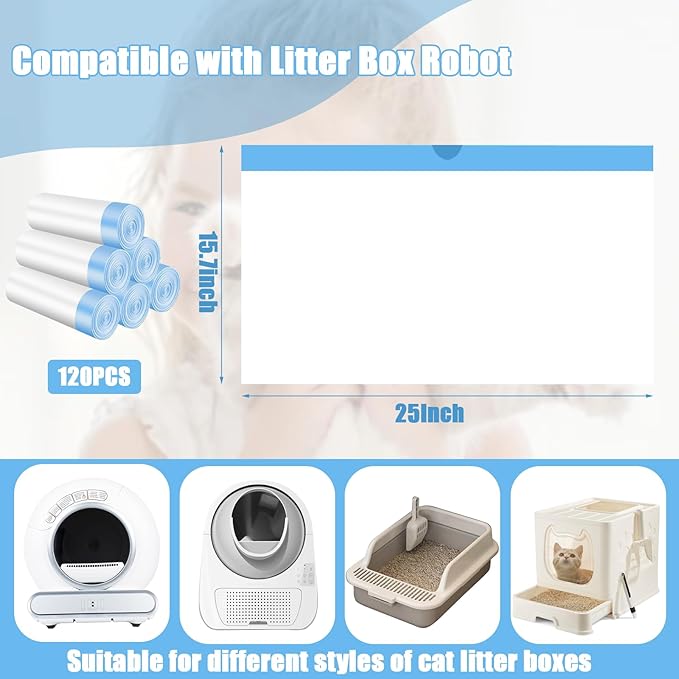 120 Pack Cat Litter Box Liners with Drawstring Cat Litter Bags Replacement Waste Bags for Litter Box Robot 3/4 Self-Cleaning Kitty Litter Box Trash Bags(25" x 15.7")
