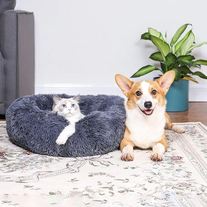 Cat Beds for Indoor Cats - Cat Bed Washable 20/24 inches, Dog Beds for Small Medium Dogs, Anti Anxiety Round Fluffy Plush Faux Fur Cat Bed, Thick Bottom (Dark Grey, Medium)