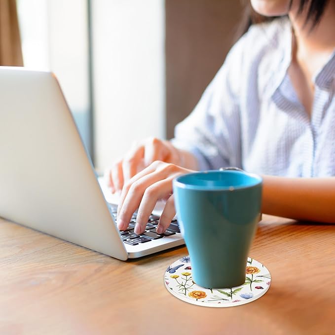 6 Pcs Drink Coasters with Holder,Botanical Flowers Absorbent Round Ceramic Coaster for Tabletop Protection,for Coffee Cup Beverage Coasters Wine Beer Bar