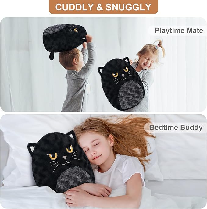 Cute Black Cat Plush Pillows, 14" Soft Stuffed Cat Animal for Squish & Collect, Kawaii Cat Plush for Bedroom Decor, Cute Birthday Gifts for Girls and Boys