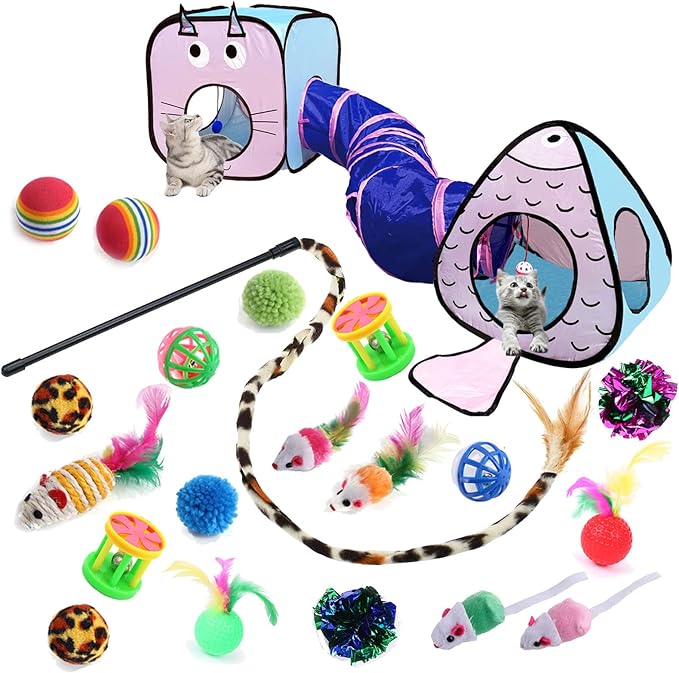 Cat Toys for Indoor Cats, 23 PCS Kitten Toys Set, Collapsible Pet Tunnel Cube Tent Toys, Interactive Cat Feather Teaser Wand Cat Bell Balls Fuzzy Ball Springs Mouse Toys for Cat Kitty