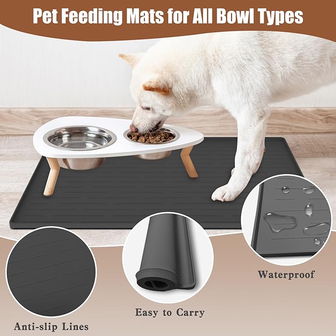 Dog Food Mat, Silicone Dog and Cat Mat for Food and Water Bowls, Waterproof Raised Edge Pet Feeding Mat for Contain Spills Protects Floors, Multiple Colors & Sizes for Pets (16"x10", Light Gray)