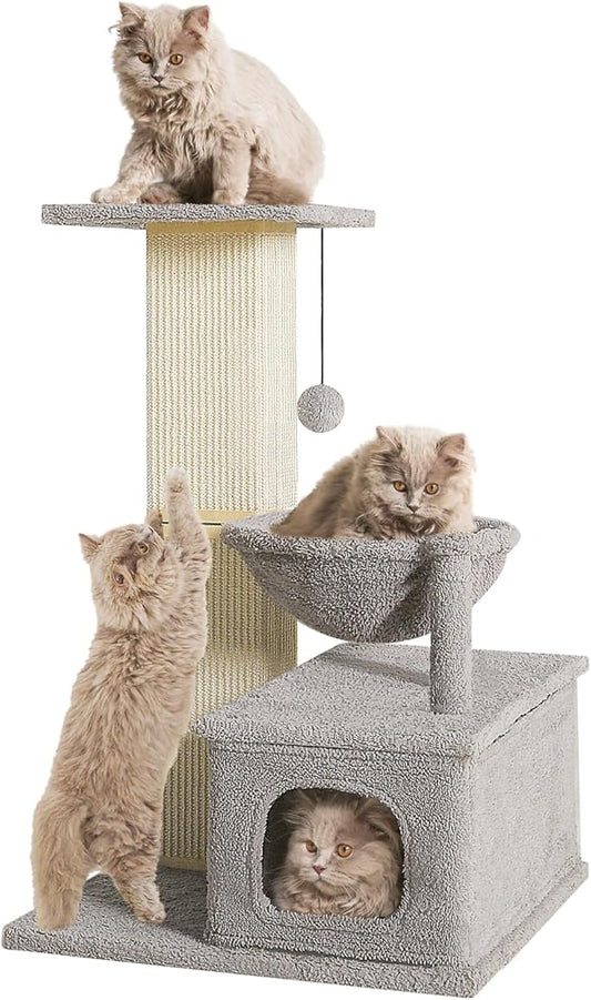 Small Cat Tree, 31 Inches Tall Cat Scratching Post with Perch & Condo & Hammock, Natural Woven Sisal Cat Post Sctacher, Kitten Scratching Posts for Indoor Cats, Cat Scratch Tower, Gray
