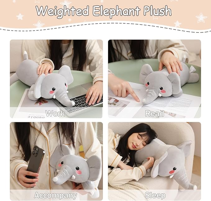 SQEQE Weighted Elephant Plush, Weighted Elephant Stuffed Animal, Cute Plushies Soft Pillow Toy Gift for Kids Adults 9.8 Inch, 0.8 Lbs