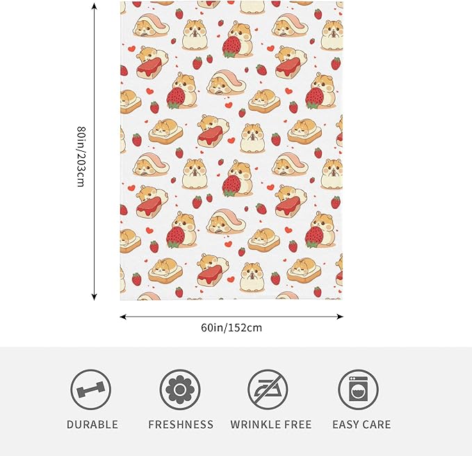 Hamster Strawberry Soft Throw Blanket Flannel Fleece Blankets Warm Cozy Lightweight Fuzzy Blanket for Bed Sofa Couch Home Decor 80"X60"