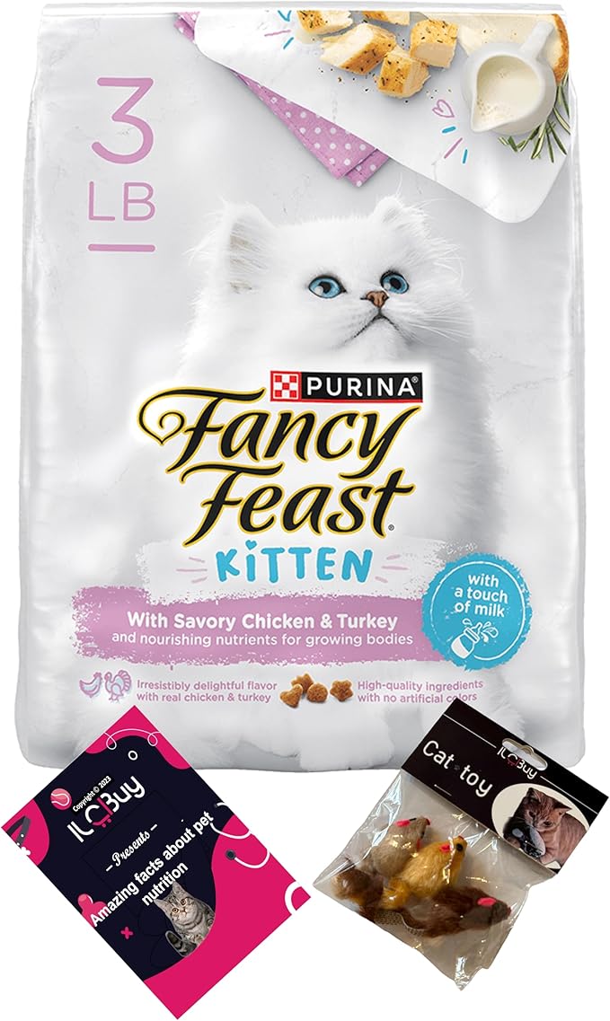 Kitten Bundle: 1 Bag (3 lbs) of Dry Kitten Food with Savory Chicken & Turkey, 1 cat Toy kit with 3 Mouse Toys, and 1 Booklet About pet Nutrition