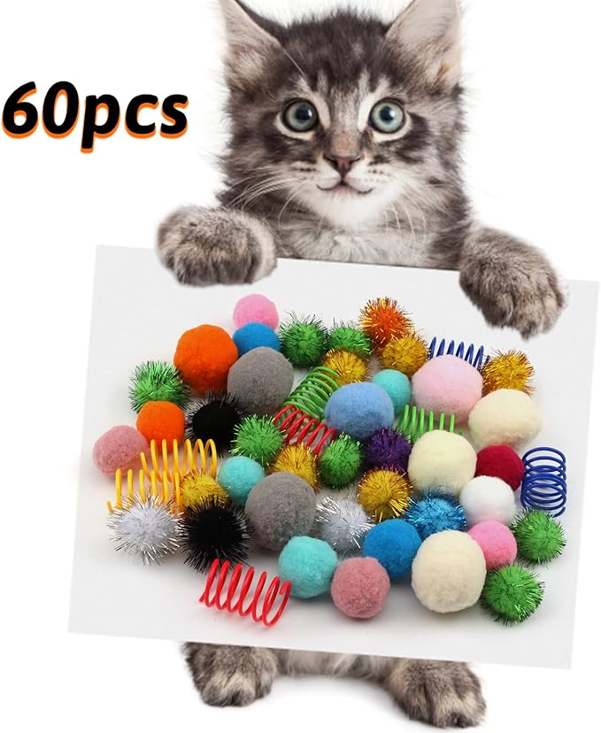 60 Packs Cat Toys Balls Set Spiral Springs Assorted, Kitten Ball Toys Assortments, Sparkle Ball, Cat Mouse Toy, Cat Crinkle Balls, Cat Springs, Furry Cat Toys Balls Soft Pom Pom Balls
