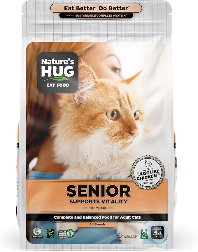 Nature's HUG Dry Cat Food, for Senior-All Breeds, 4 lb. Bag, Just Like Chicken Recipe, Grain Free & Hypoallergenic, Supports Microbiome Health, Sustainable Complete Protein & Balanced Nutrition