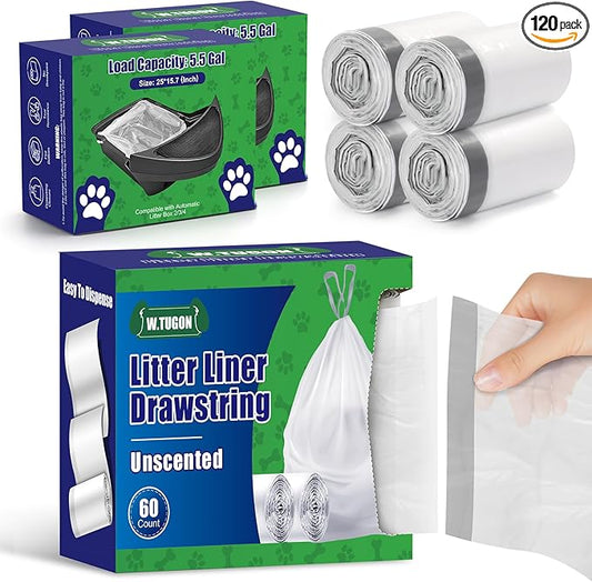 120 Pack Litter Box Robot 3 and 4 Waste Bags, 2.5 Mils Extra Thick Litter Box Liner, Box Drawstrings Closure Waste Bags for Self-Cleaning Litter Box