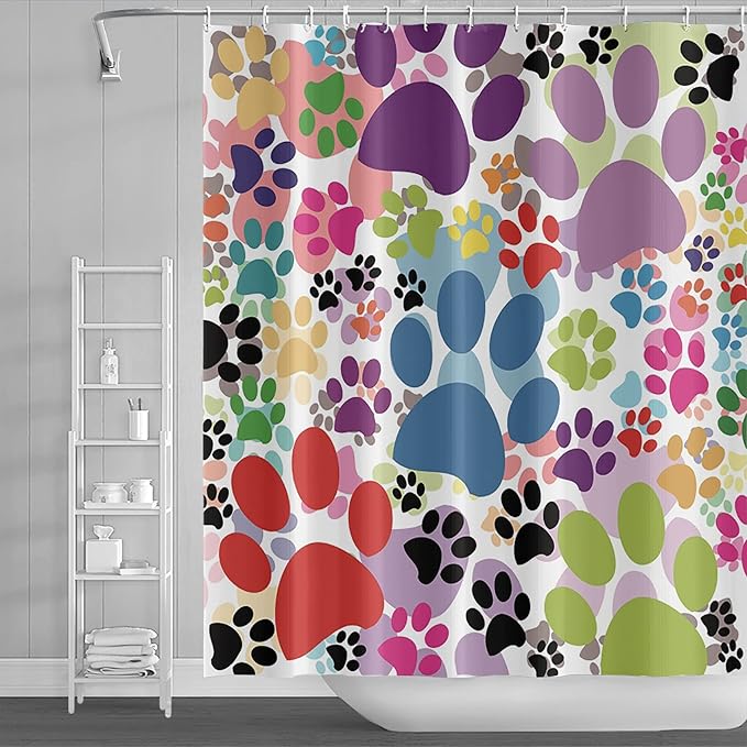 70x72inch Colorful Cartoon Dog and Cat Pawprints Kids' Shower Curtain Cute Animal Lovely Pet Puppy Cat Claw Prints Bath Curtain for Children Baby Bathroom Decor Fabric Polyester with Hooks