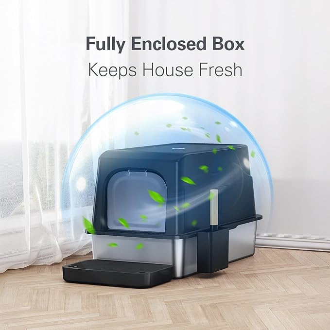 Barhon Stainless Steel Litter Box with Lid, Covered Cat Litter Box for Big Cat, Extra Large Enclosed Metal Litter Box with High Sides, Removable Lid, Non-Sticky, Easy to Clean (Black)