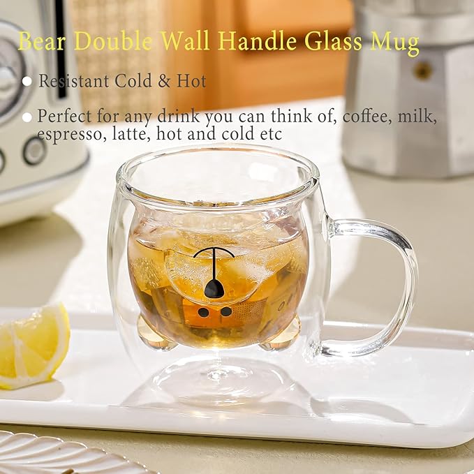 Bear Cute Mugs Kawaii Double Wall Glass Coffee Tea Mill Yogurt Cup Funny Novelty Gift for Women Her Friends Office Birthday Christmas (Bear with handle)
