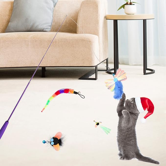 Cat Toy 8 Pcs Feather Teaser Wand Toy Cat Fishing Pole Toy Cat Toys for Indoor Cats Cats Including Cat Balls Spring Hair Balls