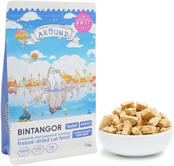 Bintangor Freeze Dried Cat Treats; Dry Cat Food Premium, Healthy, High Protein Instinct Cat Food- Beef Flavor, 170g Bag