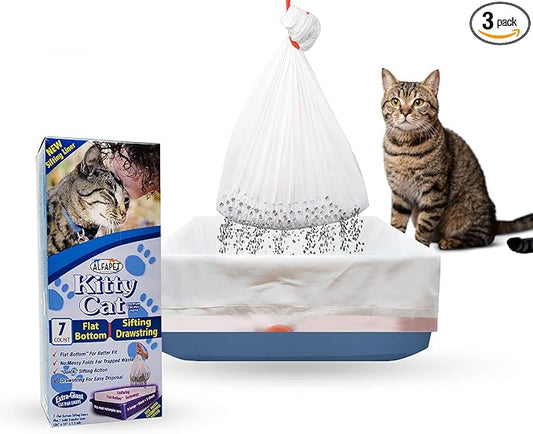 Alfapet Self Sifting Cat Litter Box Liners, Set of 21, Flat Base, XL Design, With Inbuilt Drawstrings, Fits Large Trays, Reinforced, 36 in x 18 in