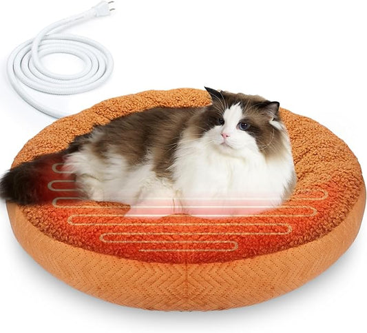 Heated Cat Beds for Indoor Cats Warming Cat Beds Super Soft Machine Washable Thermo Kitty Electric Heating Bed 19 Inches Round