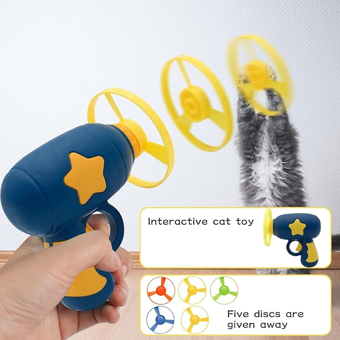 Andiker Cat Fetch Toy, Interactive Cat Flying Disc Launcher Toy with 5 Colorful Flying Propellers for Cat Enrichment, Flying Saucer Toy for Cat for Training and Chasing (Blue)