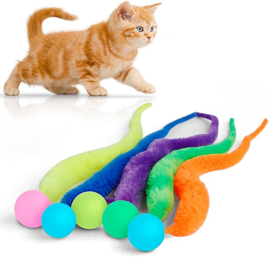 SHENGSEN Bouncy Ball with Tail Cat Toys-5 Packs,Large Magic Worm with Fluorescent Ball Toy for Cats,Colorful Fuzzy Worm Bouncy Glow Balls Cat Toy