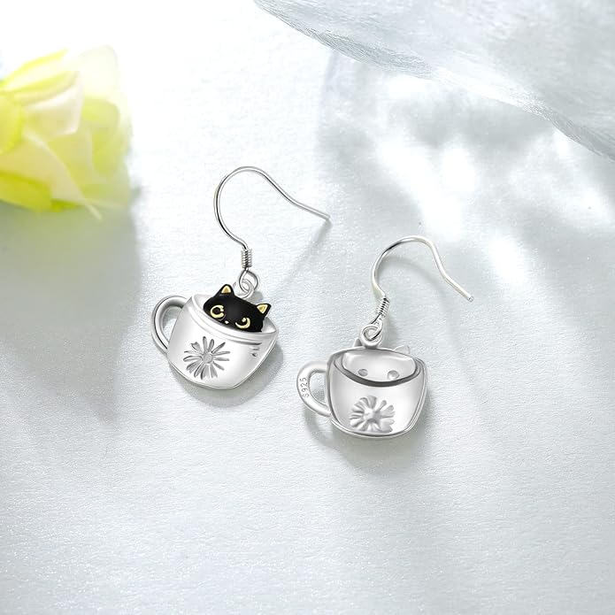 Black Cat Earrings 925 Sterling Silver Mushroom Cat/Black Cat/Panda/Sloth/Capybara/Boston Terrier/Shih Tzu Dangle Earrings Cute Animal Drop Earrings Jewelry Gifts for Women