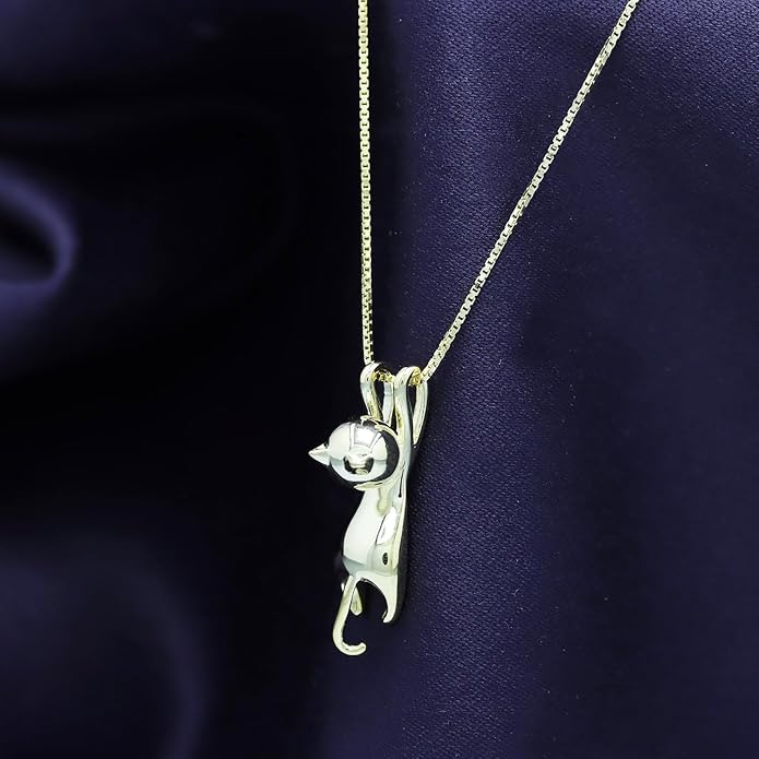 AFFY 925 Sterling Silver Cat Necklace for Women - Jewelry Gift for Cat Lovers - Flying Hanging Cat Pendant Collarbone Necklace
