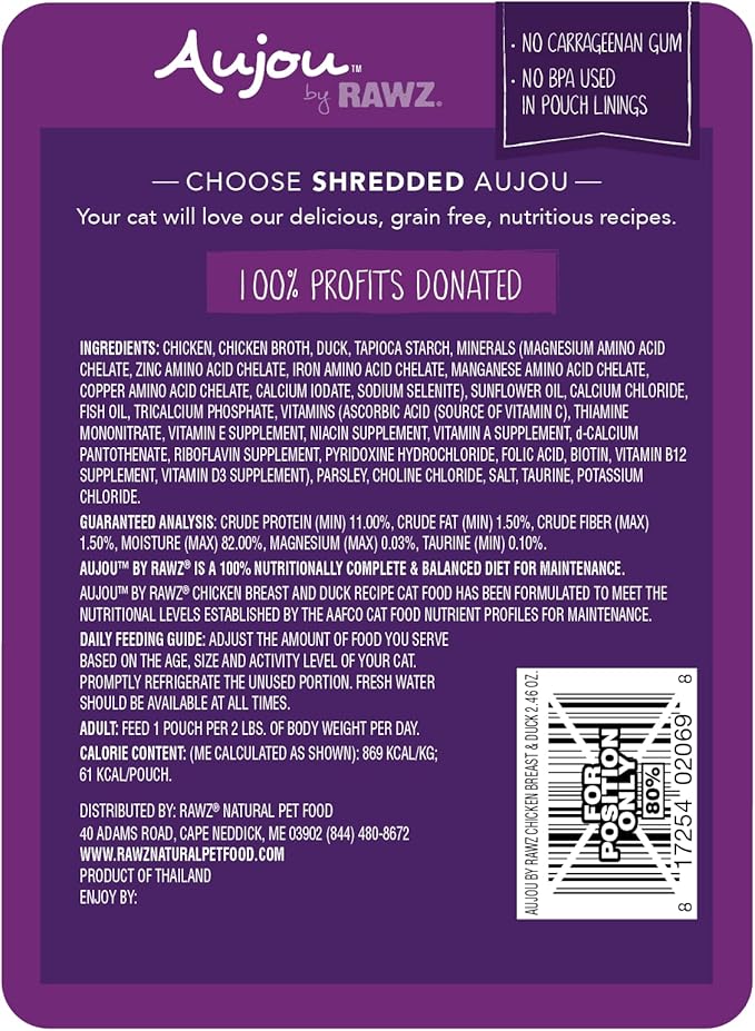 Rawz Aujou Chicken Breast & Duck Cat Food 8 Pouches 2.46 oz