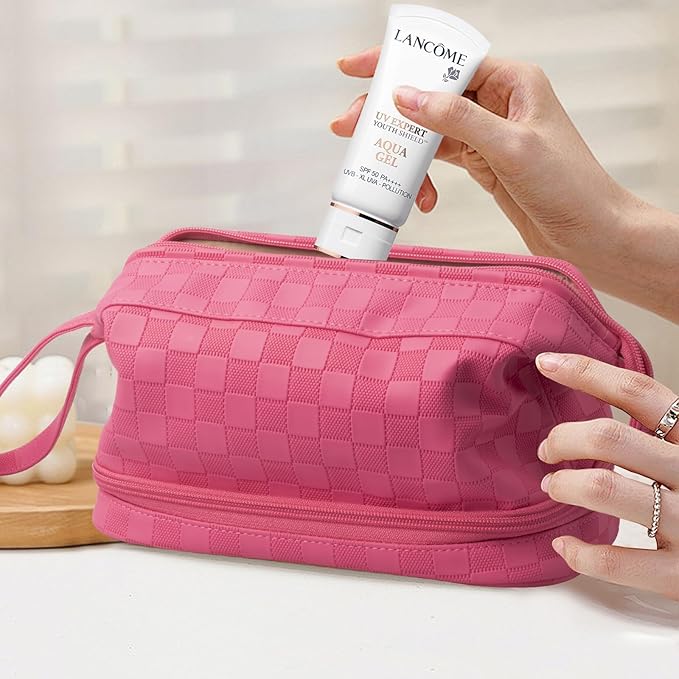 Abiudeng Large Capacity Makeup Bag Ladies Cosmetic Bag Travel Bag with Compartments Portable PU Leather Travel Makeup Bag with Handle