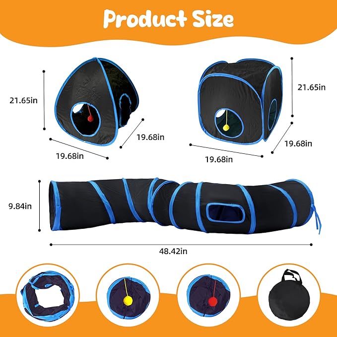 Cat Tunnels for Indoor Cats with Cube Tent Toys Combo, Pop Up Collapsible Crinkle Interactive Peek Hole, Cat Tube with Play Ball,Bell and Cat Spring Toys for Kitten, Puppy, Kitty, Rabbit - Set of 3
