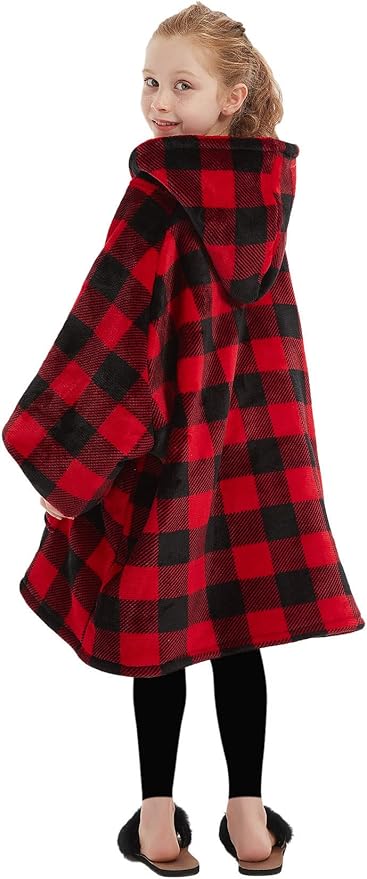 KFUBUO Wearable Blanket Hoodie for Kids Sherpa Patterns Oversized Sweatshirt Blanket With Pocket 6-10 Year Old Girl Boy Red Plaid
