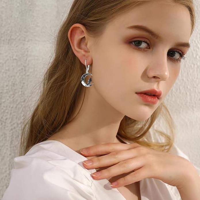 Black Cat/Bat/Spider/Pumpkin/Wolf/Bunny/Sun and Moon/Turtle/Raven 925 Sterling Silver Leverback Dangle Earrings Moon Gothic Christmas Earrings Jewelry Gift for Women