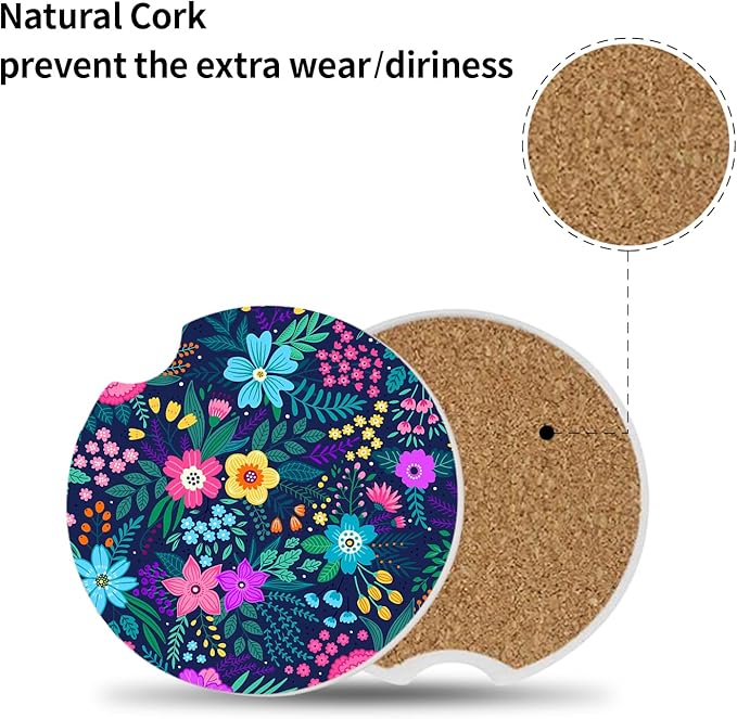 Blue Flowers Car Coasters for Drinks Absorbent,2 Pack Cup Holders,2.56" Ceramic Stone & Non-Scratch Cork Base Coasters,Auto Accessories for Women & Men.