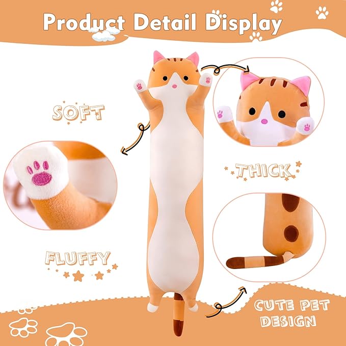 Long Cat Plush Pillow, 27.6in Cute Cat Plushie Stuffed Animals Body Pillow, Yellow Kawaii Kitten Soft Plushie Doll Toy Birthday Gift for Kids Girlfriend