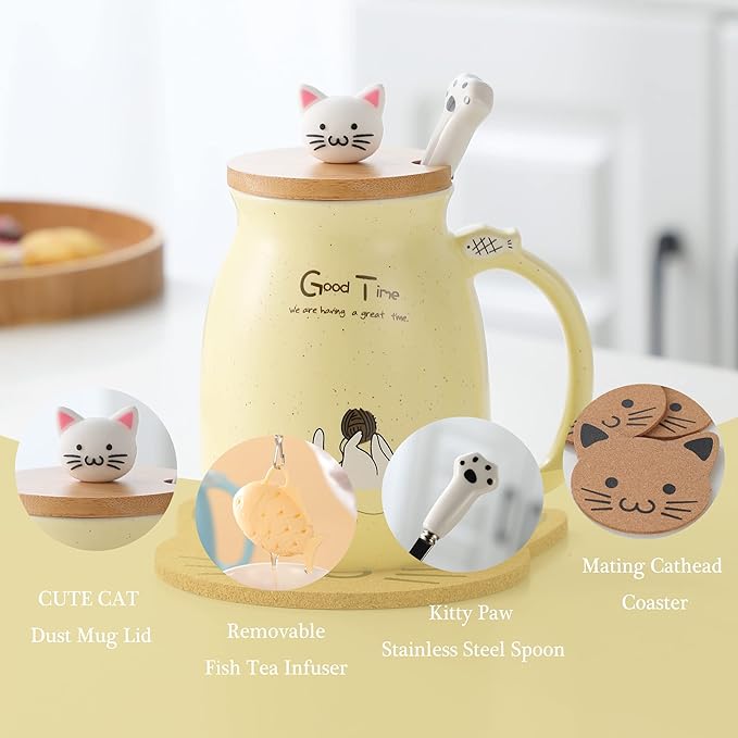 BigNoseDeer Tea Cup With Infuser and Lid Ceramic Coffee Mug Kawaii Cat Mug Cute Mugs Tea Mug Cute Cool Preppy Stuff Cat Gifts Birthday Gifts Cute Gifts for Women Girls(13oz)
