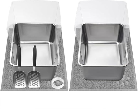 2 PCS Stainless Steel Cat Litter Box, Extra Large Metal Litter Box with Plastic Shields, Kitty Basic Litter Pan 23.6''*15.8'' with Metal Litter Scoopers, Litter Mat