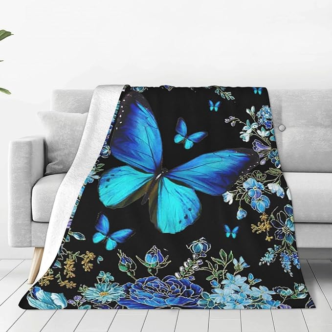 Butterfly Blanket Blue Butterflies Decor Throw Blanket Super Warm Soft Plush Fleece Flannel Beautiful Butterfly Flowers Blanket Gifts for Girls Boys Winter Couch Bedding for Baby Kids Women 60"X80"