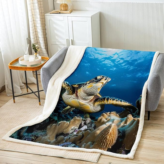 Sea Turtle Sherpa Blanket 3D Reptile Printed Fleece Throw Blanket for Sofa Couch Bed Ocean Marine Themed Plush Blanket Ultra Soft Decor Underwater Animal Pattern Fuzzy Blanket King 87x95 Inch
