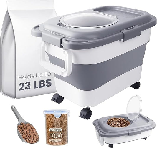 20-23LBS Collapsible Dog Food Storage Container, Pet Dog Pantry Large Containers Bin with Wheels,bowl & 1pcs Food Storage Containers, Kitchen Cereal Flour Rice Leakproof Dry Holder