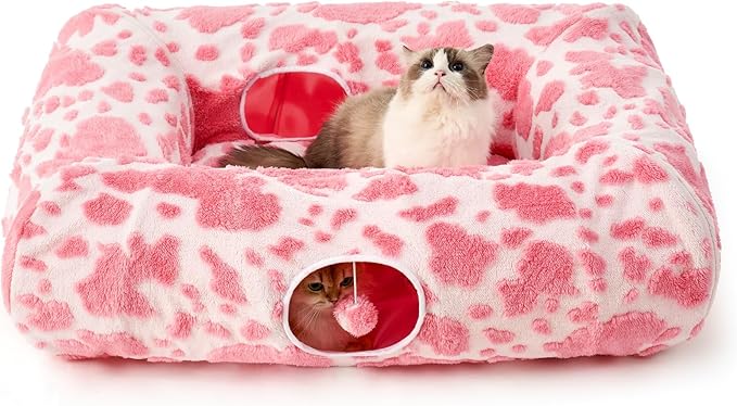 Cat Tunnel Bed for Indoor Cats - Cute Cat Donut Tunnel with Washable Circle Cushion, Round Pet Play Tunnel Toy for Kitten/Puppy/Rabbit,Pink