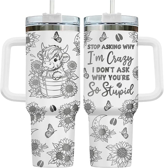 34HD Engraved Cow Tumbler with Handle and Straw, 40oz Insulated Animal Cup, Cute Moo Cattle Coffee Mug, Funny Gifts for Cow Lovers, Cow Print Stuff