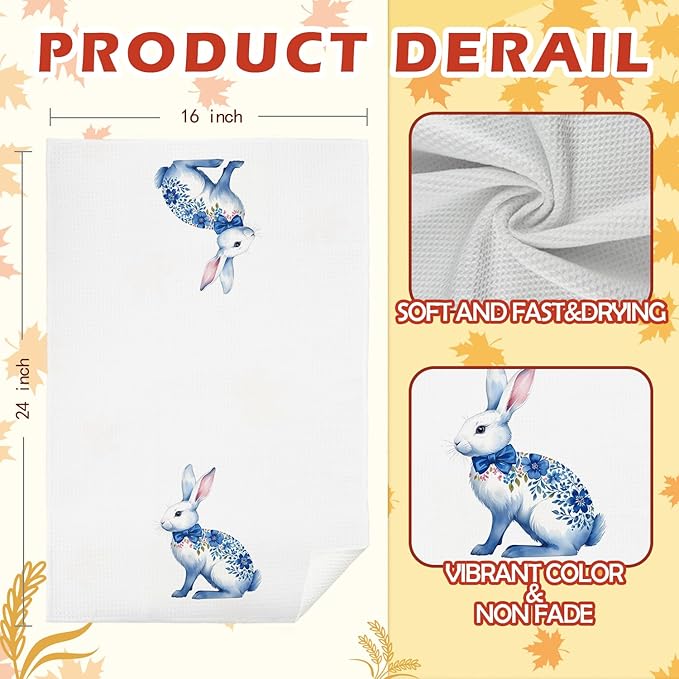 SPBL&L Easter Chinoiserie Hand Towel, Blue Floral Bunny Hand Towels for Bathroom, Easter Kitchen Bathroom Decor,Bunny Decor, 16x24 Inches