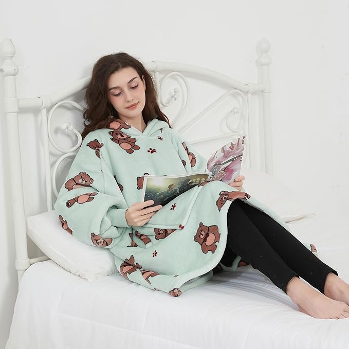 KFUBUO Wearable Blanket Hoodie for Adults Sherpa All Patterns Bear Oversized Sweatshirt Blanket with Pockets Cute Birthday Gifts for Women Green