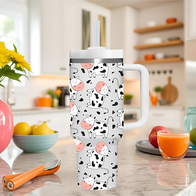 AMZUShome 40 OZ Cow Tumbler with Handle.Cow Lover Gifts.Unique Birthday Christmas Gifts for Farmer Cow Lover.Personalized 40 OZ Cow Tumbler Gifts for Women Men.